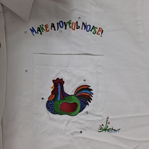 Quacker Factory Shirt Woman Size 3X Embroidere Rooster Colorful Button Up Pocket - Picture 6 of 11